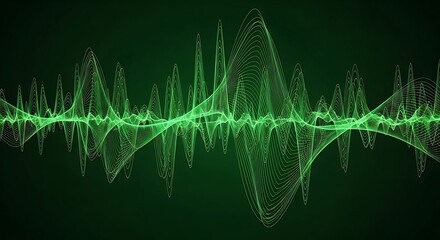Abstract green digital sound wave visualization with intricate patterns and glowing lines on a dark background representing audio technology and data flow