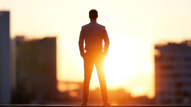 Executive Contemplating Business Success Amidst Urban Sunset, Faceless Businessman with Visionary Stance, Blurred Cityscape