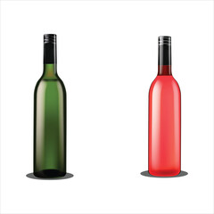 Set of Two Realistic Wine Bottles Dark Green and Red Rosé, Sealed Alcohol Beverage Packaging Mockup Vector Illustration
