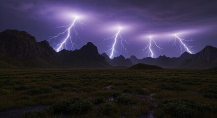 Dramatic landscape features a dark sky, illuminated by lightning strikes over rugged terrain