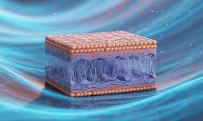 A 3D illustration of a cell membrane model, layered, on a wavy blue background
