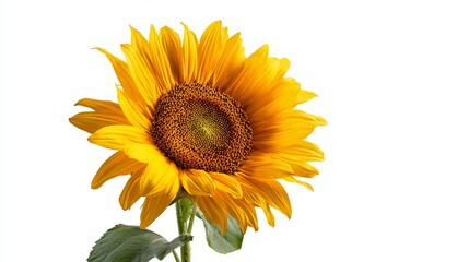 Obraz premium Vibrant sunflower blossom against clean white background radiates summertime joy and adds a touch of natural beauty to your designs