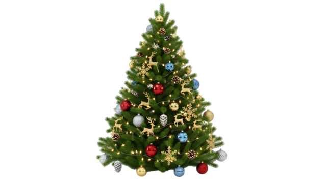 Beautifully decorated christmas tree with ornaments and lights on black background