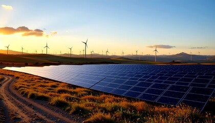 Solar panel array and wind turbines producing green energy with stunning scenery.