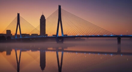Obraz premium A cable-stayed bridge at dawn reflected in still water, cityscape silhouette visible