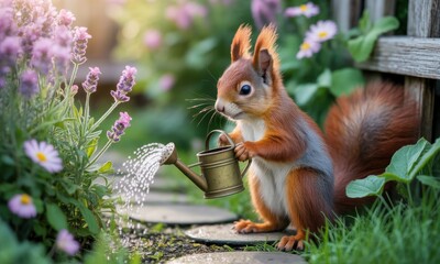 A charming squirrel waters a flower garden with a tiny watering can, bathed in sunlight