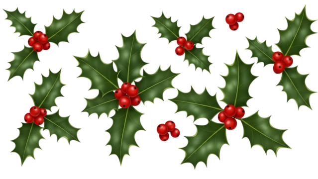 Holly berries and leaves scattered on black background for christmas holiday