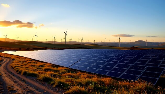 Solar panel array and wind turbines producing green energy with stunning scenery.