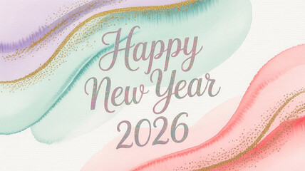 Soft pastel watercolor waves usher in a hopeful Happy New Year 2026 celebration.