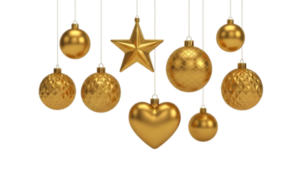 Elegant golden christmas ornaments hanging against a dark background