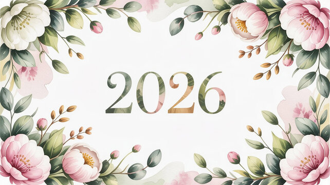 Beautiful floral frame surrounds the year 2026, symbolizing new beginnings and elegant celebrations.