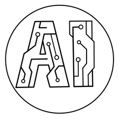 Artificial inteligent letter  circuit board line drawing vector,AI initial letter circuit board outline image,AI letter circuit board linear stock vector,AI letter circuit board design