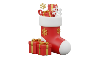 Festive christmas stocking filled with gifts and snowflake decoration on black background