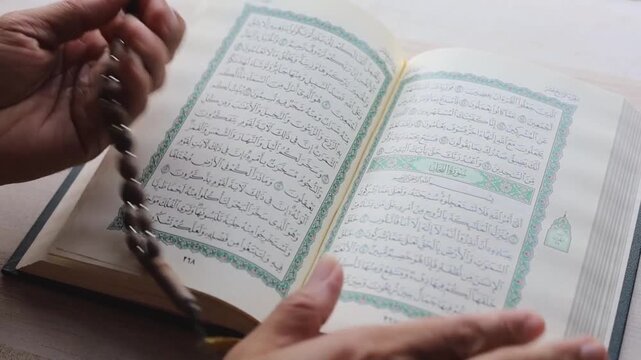 Muslim Reading Islamic Holy Book finger pointing text quran text al-quran background