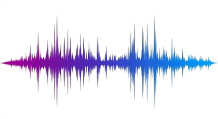 Vibrant abstract sound wave visualization in purple and blue hues representing audio frequencies and digital signal processing on a clean white background