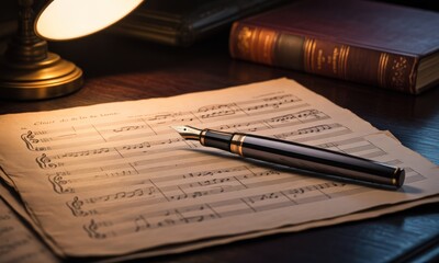 Antique music sheets with a fountain pen