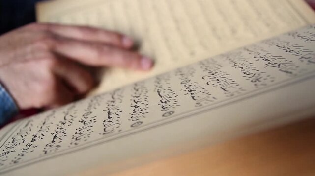 Muslim Reading Islamic Holy Book finger pointing text quran text al-quran background
