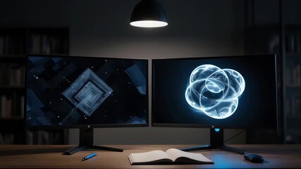 Two monitors display abstract art, lit by a lamp, with books in background - Powered by Adobe
