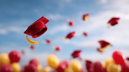 Graduation mortar boards in vibrant red and yellow colors float against a bright blue sky, celebrating achievement and academic success