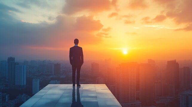 Executive Contemplating Business Success Amidst Urban Sunset, Faceless Businessman with Visionary Stance, Blurred Cityscape