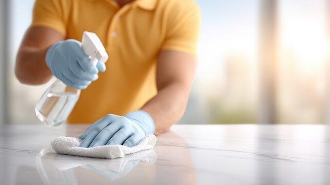 Male technician in blue gloves is cleaning a marble countertop with a spray bottle, showcasing effective cleaning techniques and attention to detail