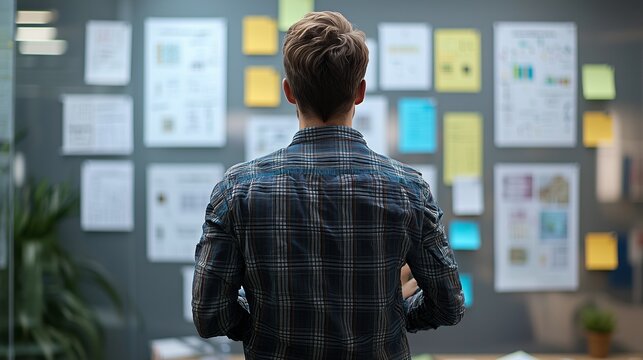 Creative brainstorming session in a modern office with colorful notes and ideas on the wall