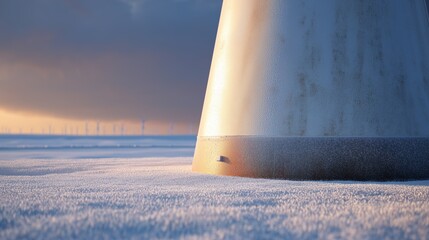 Seascape view of a wind turbine base during golden hour with clouds and shimmering water in the background