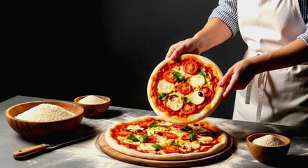 Chef presenting two freshly baked pizzas with tomato, mozzarella