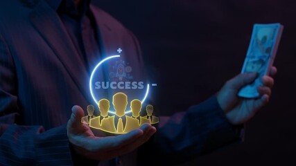 Businessman shows animated group of business people standing around a success icon isolated on black background. Represents corporate vision, business goals, teamwork and achieving a common mission.