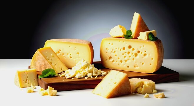 Assorted Swiss Cheese Displayed on Wooden Board with Mint Leaves