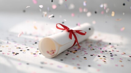 Graduation diploma rolled with a red ribbon, surrounded by colorful confetti, celebrating academic achievement and success in a festive atmosphere