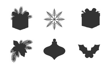 Christmas Silhouette Icons Set, Holiday Gifts, Snowflake and Ornament Graphics.