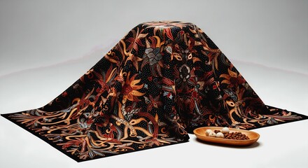 Batik Fabric Drape with Wooden Bowl of Seeds and White Spheres o