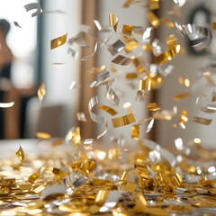 Gold and silver confetti raining down in focus with blurred background