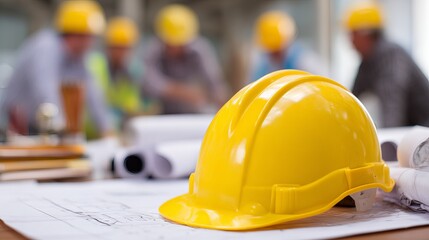 Bright yellow hard hat sitting on construction blueprints with engineering team planning in the background for safety and collaboration
