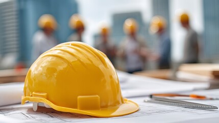 Construction crew reviews blueprints, safety helmet displayed for project planning success in city development, architecture and engineering