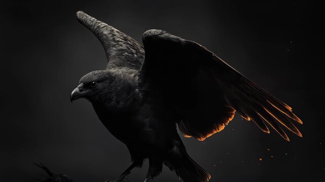 A black bird with outstretched wings against a dark backdrop