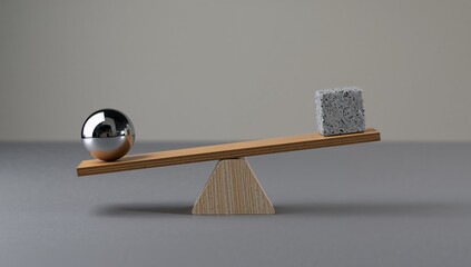 Wooden balance seesaw with sphere and cube showing weight and equilibrium