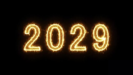 Fire glowing light in New Year 2029 numbers on black background, design for New Year's Eve celebration, horizontal looping animation.