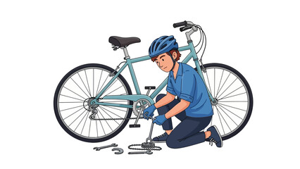 Cyclist repairs bicycle with tools Tire, gear, pedal, and chain maintenance for safety and performance