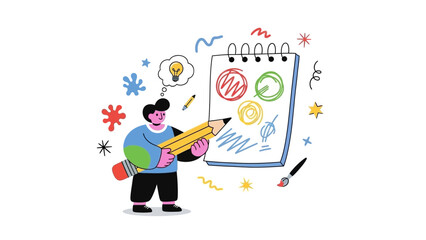 The spark of inspiration, a creative person brings ideas to life through drawing and sketching in a notebook