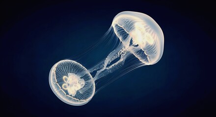 Two Moon Jellyfish Gracefully Drifting in the Deep Blue Ocean