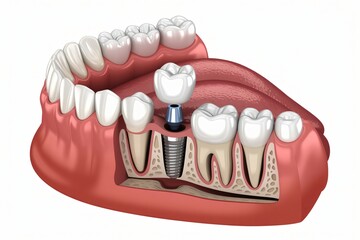 A detailed 3D rendering displays a section of a human lower jaw with teeth and gums. 