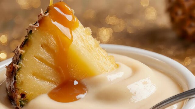 A pineapple slice topped with caramel sauce over a creamy sauce