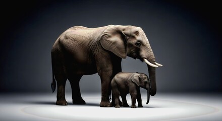 Majestic Elephant and Calf, Dramatic Lighting, Studio Portrait,
