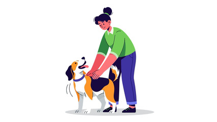 A caring female pet owner affectionately stroking her happy tricolor hound dog in a modern flat vector style