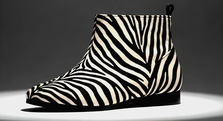 Zebra-striped ankle boot with black sole and heel against a dark