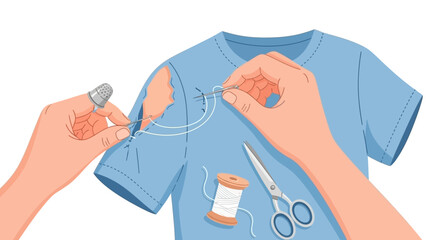 Hands meticulously mending a torn blue t-shirt with needle and white thread, demonstrating the practical skill of clothing repair and DIY craftsmanship