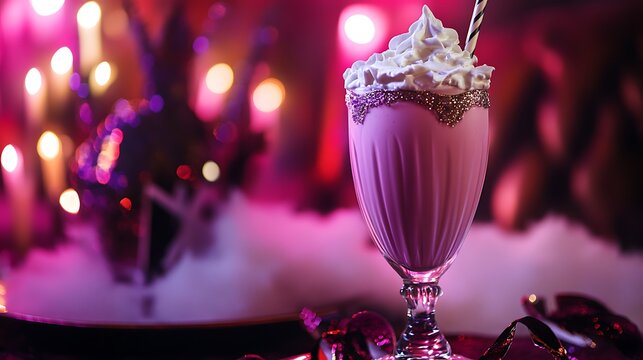 A moonlit milkshake with whipped cream at a royal masquerade ball