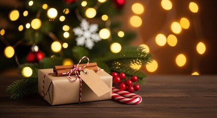 Festive Christmas gift box with candy cane on a wooden table with bokeh lights background.